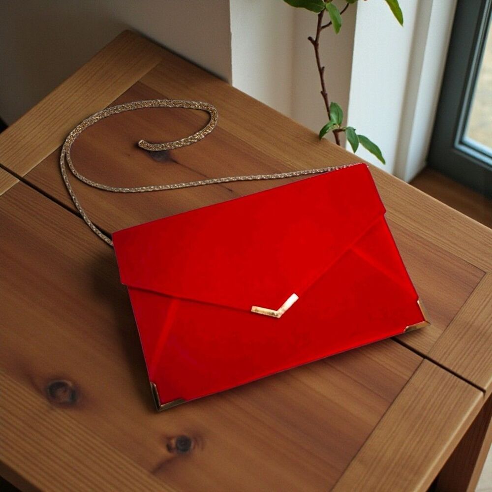 Red Velvet Envelope Clutch Purse Gold Chain Strap Evening Bag Wedding Party